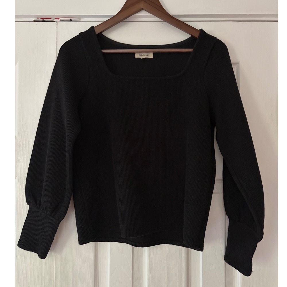 Madewell Womens Medium Black Ribbed Square Neck Balloon Sleeve Knit Top M